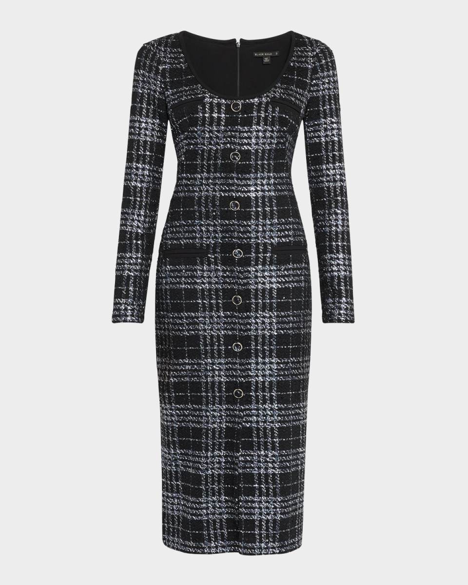 Mae Button-Front Plaid Tweed Midi Dress